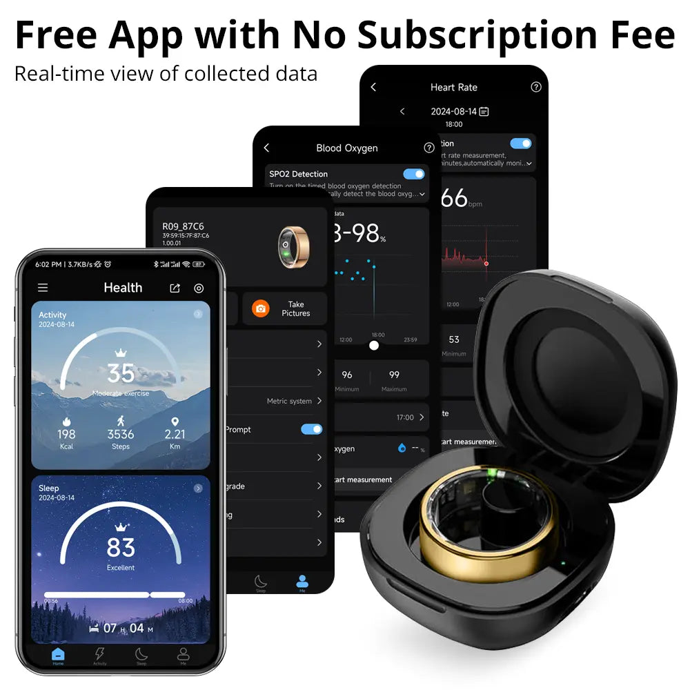 Turbosun Smart Ring-Temperature Monitor & Waterproof Fitness Tracker (5ATM) with Heart Rate, Blood Oxygen, Sleep, Stress & Menstrual Cycle Monitoring, No Subscription, Wireless Charging Box Included Digital COLMI R09 Hitienx Smart Ring 3, Heart Rate Monit