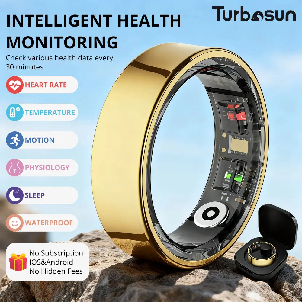 Turbosun Smart Ring-Temperature Monitor & Waterproof Fitness Tracker (5ATM) with Heart Rate, Blood Oxygen, Sleep, Stress & Menstrual Cycle Monitoring, No Subscription, Wireless Charging Box Included Digital COLMI R09 Hitienx Smart Ring 3, Heart Rate Monit